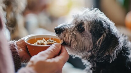A heartwarming moment of a senior feeding her beloved furry friend, a fluffy gray dog, its delicious meal. The bond between humans and animals is truly special.
