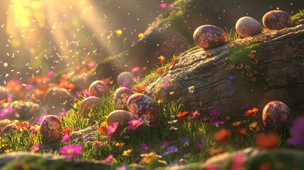 Enchanting floral Easter eggs nestled in a sun-dappled meadow.