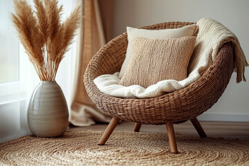Fototapeta premium Mockup empty frame in a boho-inspired cozy corner with rattan furniture