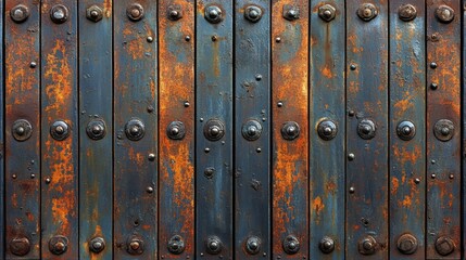 Fototapeta premium Vintage Metal Sign with Rust and Patina in a Downtown Space Featuring Textured Panels and Rivets, Perfect for Industrial Design Projects