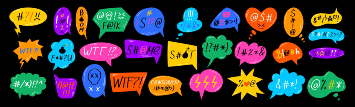 Cartoon sketch bubble. Background box, profanity speech, swearword dialogue. Icon cloud, aggressive emotion, insult balloon. Colorful different forms, pencil dialog text. Vector grunge garish sign
