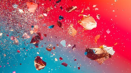 Fototapeta premium Festive confetti explosion on vibrant red and blue background. Perfect for celebrations, party invitations, and celebratory designs.