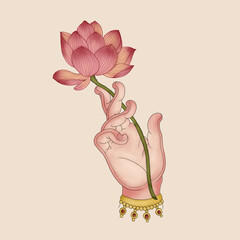 Traditional Indian folk art illustration of a divine hand holding a pink lotus flower. Elegant hand-drawn mudra with golden jewelry and ornate details on a soft beige background, perfect for spiritual © mrinal