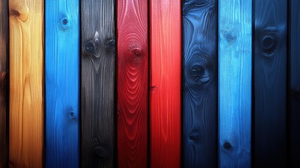 Obraz premium Distressed Rustic Wood Backdrop Featuring Vibrant Red and Blue Stripes in an Artistic Arrangement Ideal for Creative Projects and Designs