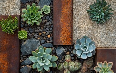 A mood board featuring succulents, metal garden sculptures, sand and gravel textures, desert-inspired landscaping, a serene rock garden, a top-down view, a flat lay composition