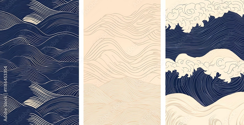 Poster set of vector backgrounds with a japanese wave pattern in a line art style, featuring a simple, mini