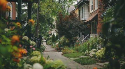 A serene neighborhood street lined with colorful flowers and charming houses.