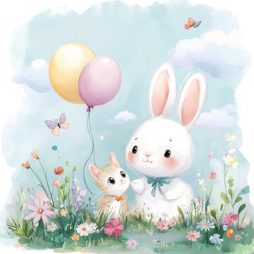 Sweet Bunny and Kitten in a Dreamy Meadow with Balloons and Butterflies