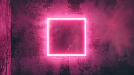 Fototapeta premium Close up of a neon pink square frame with smoky light illuminating a textured wall. Ai generated image