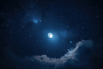 Fototapeta premium Full moon glowing in a starry night sky with soft illuminated clouds below