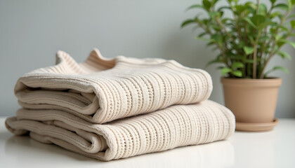 Neatly folded light spring sweaters next to a potted plant, ideal for seasonal fashion display and retail