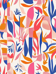 Abstract Tropical Floral Pattern Vibrant Pink Orange Blue Leaves Design Modern Summer Textile Print