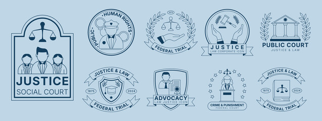 Advocacy Pictogram. Justice logo. Order law badge. Crime judgement icon. Court scale sign. Legal rights emblem. Courthouse sticker. Jury stamp. Police office. Vector garish design business symbols set