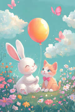 Charming Bunny and Kitten Illustration in a Soft Pastel Meadow for Little Ones