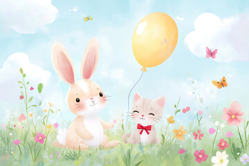 Delightful Bunny and Kitten Duo in a Magical Cartoon Meadow of Colors 