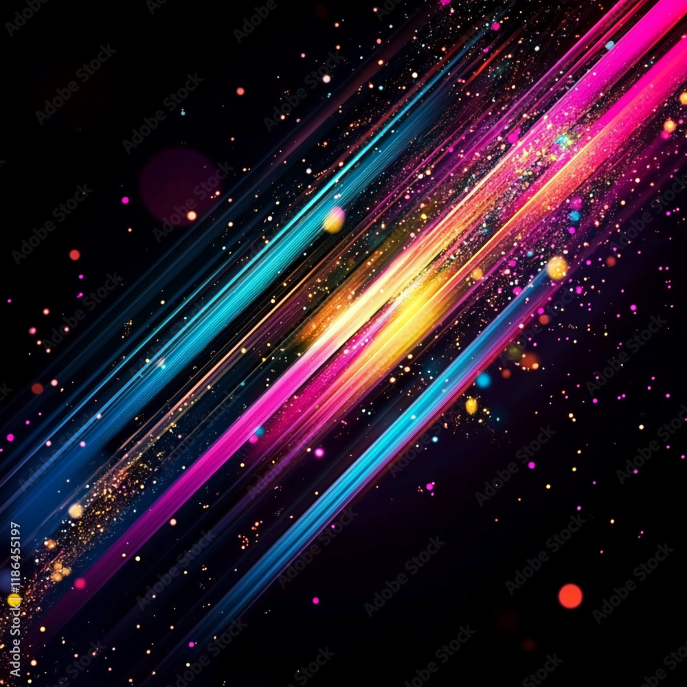 Poster colorful diagonal neon streaks with particle effects on black background