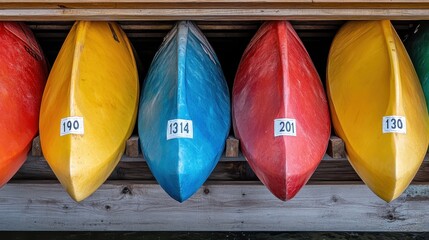 Colorful Canoes Stacked on Wooden Rack