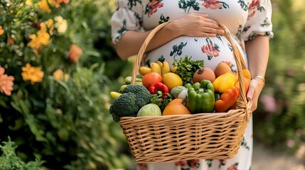 Pregnant woman holds healthy produce basket in garden.