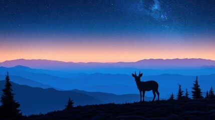 Majestic Silhouette of Deer Against a Stunning Twilight Sky with Illuminated Stars and Gradients of Deep Blue and Reflective Orange Hues