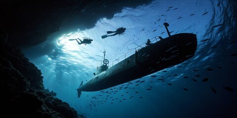 Naklejka premium Exploration of a sunken submarine by divers in a vibrant underwater environment