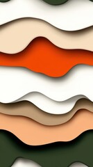 Close-up of multi-layered wavy paper-like shapes in earthy tones including white, orange, beige, and green, creating an abstract modern design