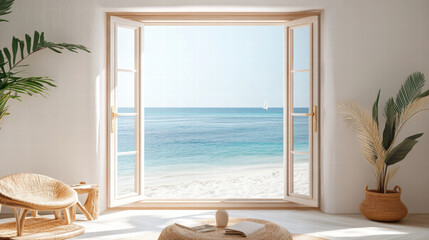 Living room Beach window view ocean view seaside tropical nature landscape scene scenery wallpaper