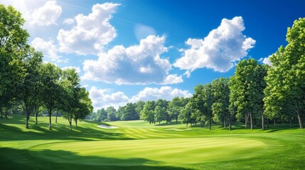 Obraz premium Golf Course Fairway Rolling Under Sunny Sky and Lush Green Trees.