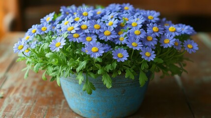 Fototapeta premium A Lush Bunch of Chamomiles Placed on a Gray Wooden Table, Capturing the Essence of Natural Beauty and Serenity in a Home Environment