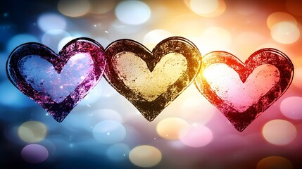 Obraz premium Three textured hearts against a bokeh background. Perfect for Valentine's Day, love, or romance themes.