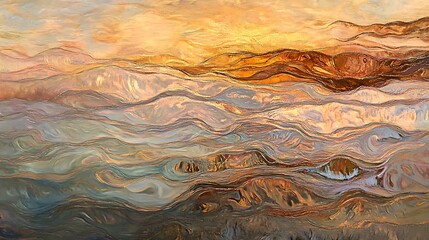 Obraz premium Abstract landscape painting of swirling mountains and clouds at sunset.