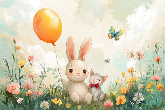 Cuddly Bunny and Kitten in a Whimsical Wonderland of Flowers and Clouds