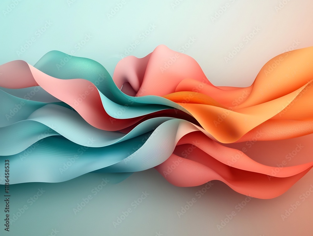 Poster dynamic abstract digital composition featuring a flowing undulating pattern of iridescent prismatic 