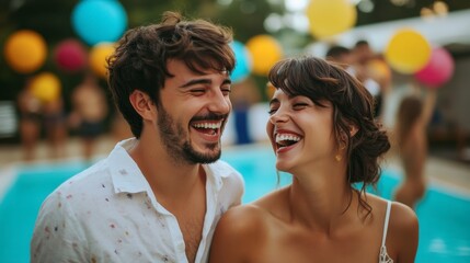 Unbridled Joy by the Pool: A happy couple shares a joyous laugh, their eyes sparkling with delight, amidst a vibrant summer pool party. The image is filled with the carefree energy of a celebration.