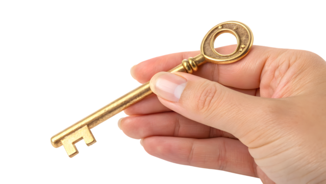 hand holding golden key isolated on white