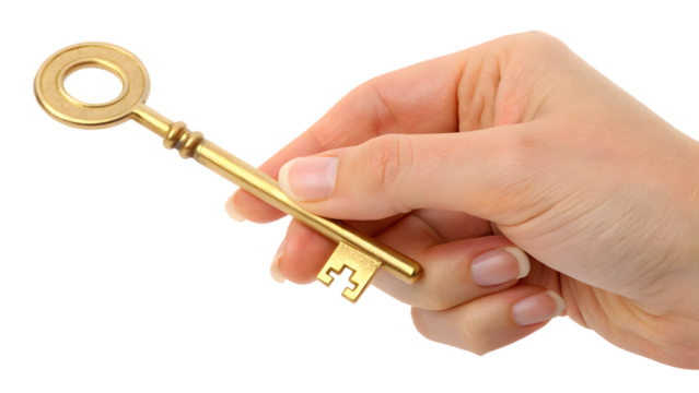 hand holding golden key isolated on white