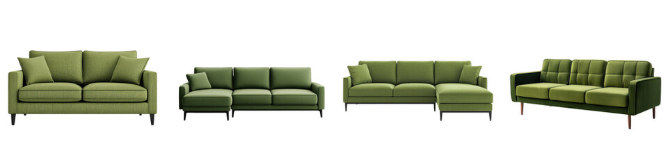 Cozy green sofas and couches in a modern minimalist living room with a simple arrangement and color palette  The furniture pieces feature comfortable upholstery and clean contemporary design