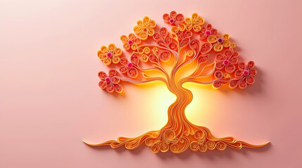 Intricate paper art: A vibrant, glowing tree with delicate flowers, showcasing skillful craftsmanship and warm hues against a soft pink backdrop.