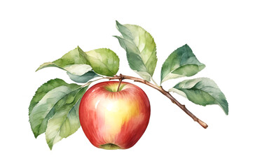 Watercolor illustration of a red ripe apple on a branch with leaves on a white background