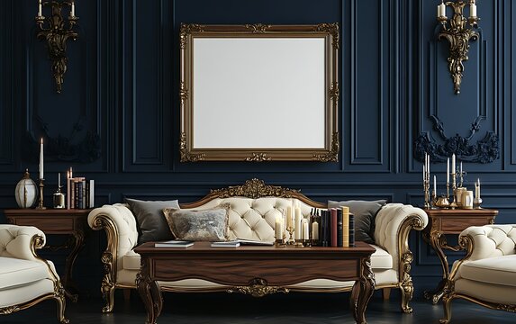 Elegant living room mockup; ornate furniture, navy walls; luxury interior design