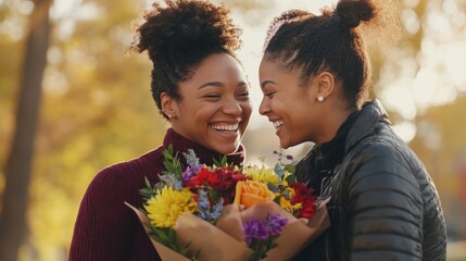 Love in Bloom: Two Black women share a moment of unadulterated joy and affection as they exchange a vibrant bouquet of flowers against a backdrop of warm autumn foliage.  