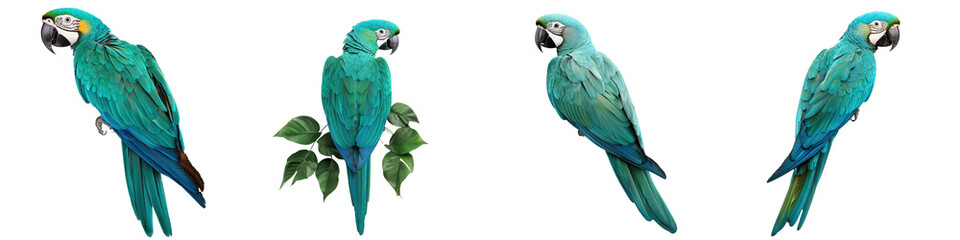Obraz premium Vibrant green parrot with striking feathers perched on a lush leafy branch in a tropical rainforest setting The bird s captivating colors and natural habitat create a stunning