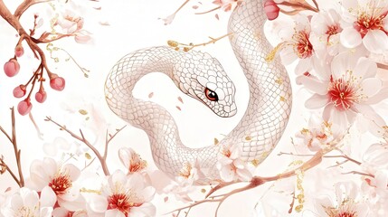 Fototapeta premium A 2025 Year of the Snake New Years card template featuring a cute and minimalist snake illustration surrounded by delicate plum blossoms