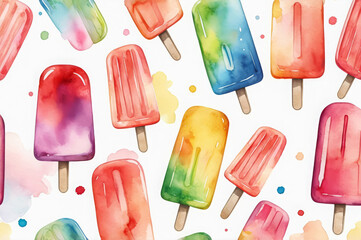 Watercolor pattern of multi-colored popsicle ice creams on a white background. fruit ice