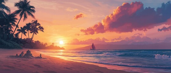 Serene Beach Sunset with Sailboat and Lush Palm Trees at Dusk