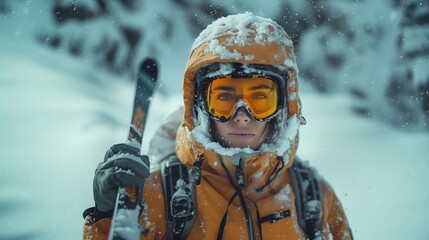 Naklejka premium an award winning editorial photography, a cinematic portrait, a beautiful person wearing a ski suit and holding skis, standing in the winter mountain, natural colors,