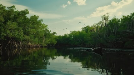 A serene river view surrounded by lush mangroves and birds in the sky, reflecting nature's tranquility.