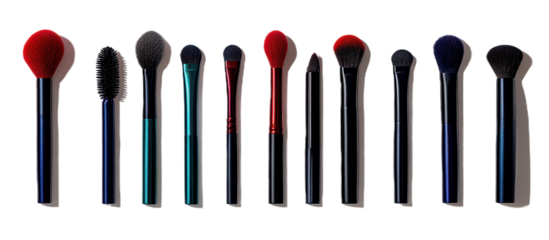 An image of various makeup brushes arranged in a row on the right side isolated on transparent png or white background