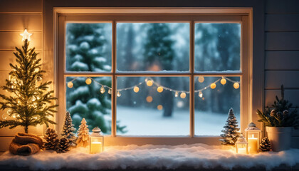 Cozy Winter Window with Festive Lights and Greenery Overlooking a Magical Snowy Landscape