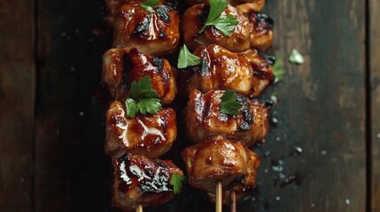Fototapeta premium Grilled Chicken Skewers Glazed with Sweet Sauce on Rustic Wooden Board.
