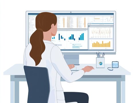 Clinical Data Manager - Clinical data manager overseeing the collection and analysis of clinical trial data, in a clinical or research setting, on a White Background.